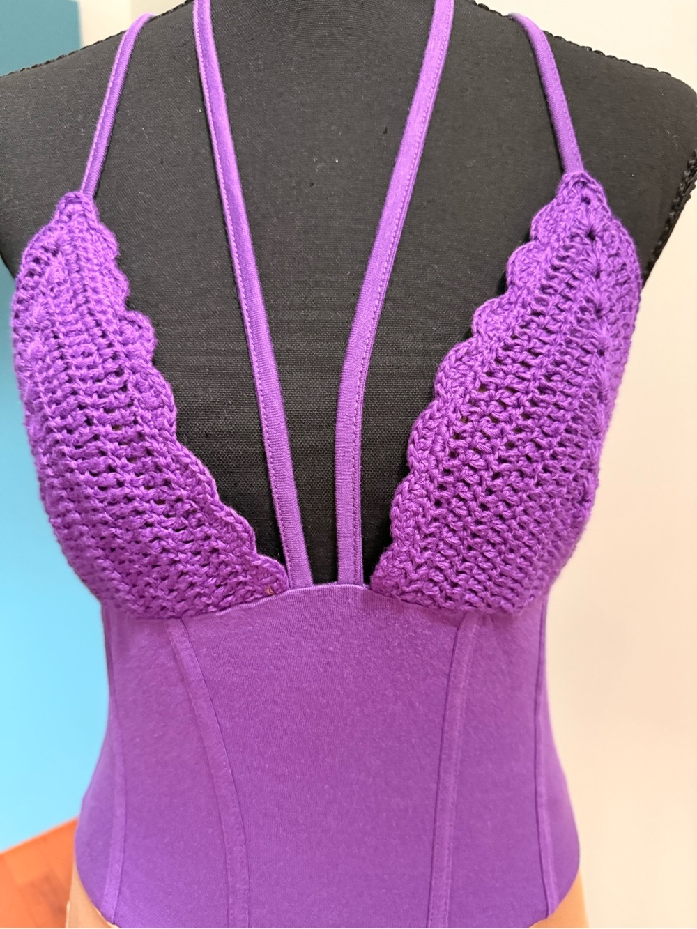 JLUXLABEL Purple Crochet-Trim Bodysuit with Nude Lining